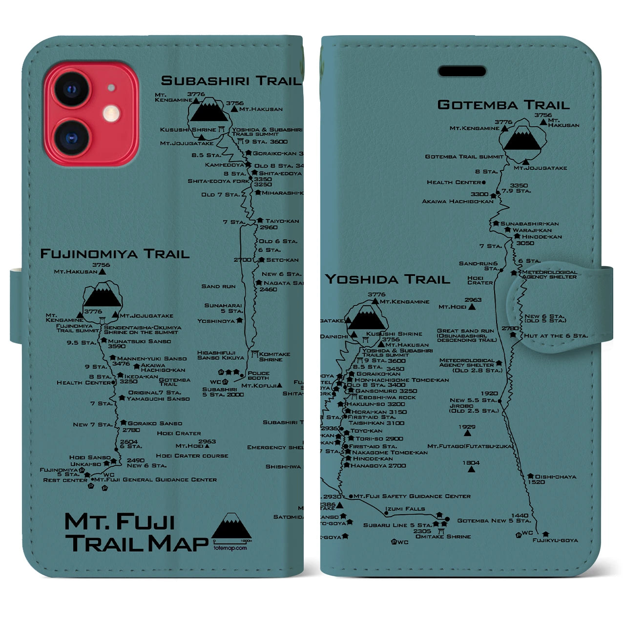 【富士山トレイル】地図柄iPhoneケース（手帳両面タイプ・アイスブルー）iPhone 11 用