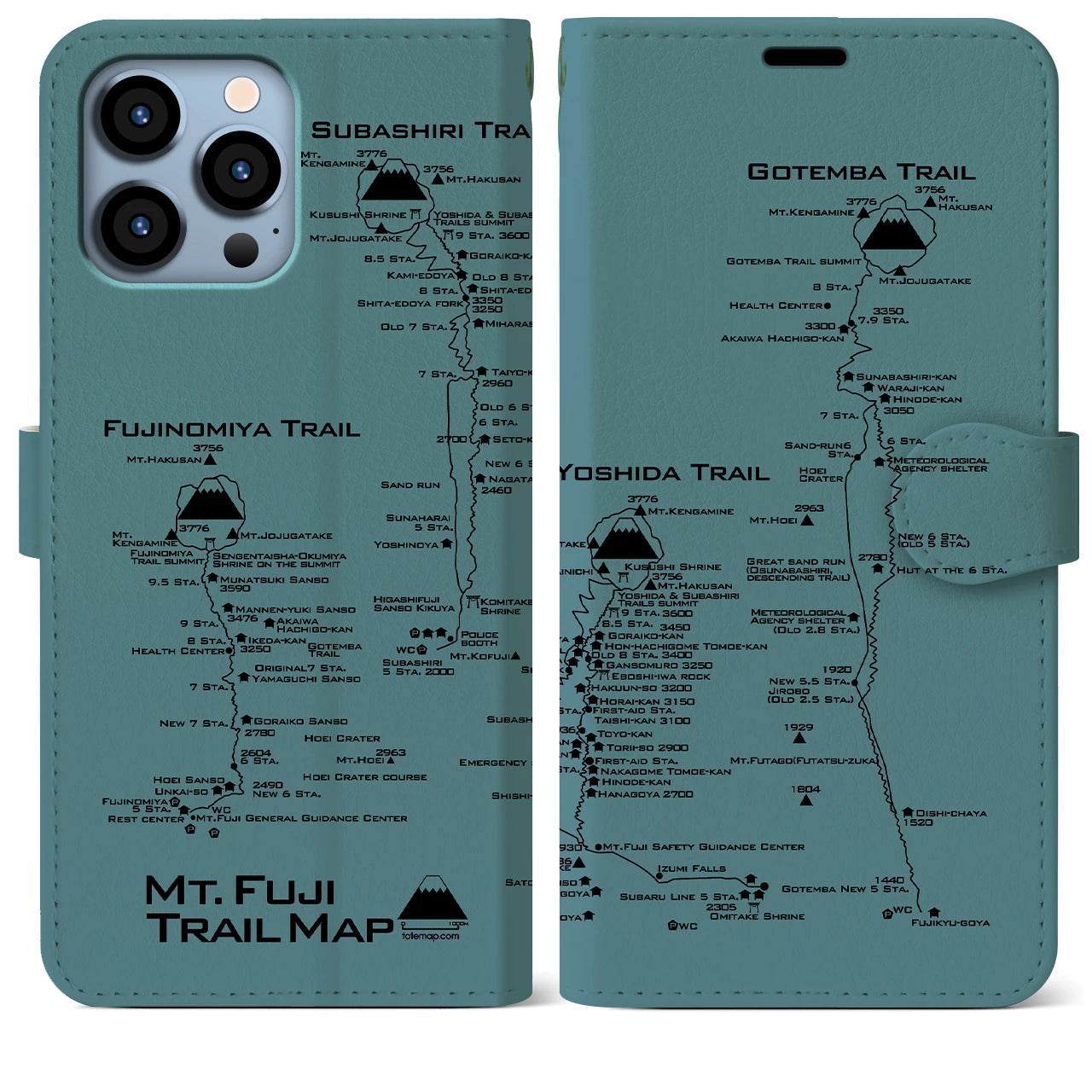 【富士山トレイル】地図柄iPhoneケース（手帳両面タイプ・アイスブルー）iPhone 13 Pro Max 用