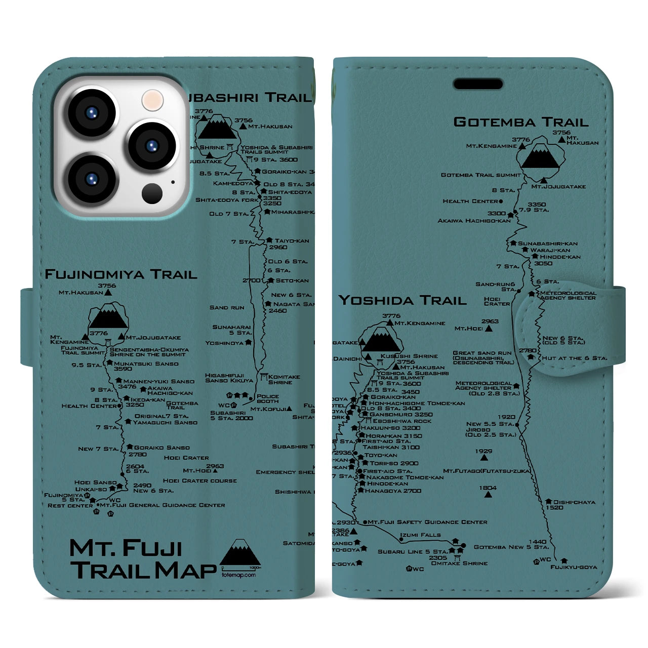 【富士山トレイル】地図柄iPhoneケース（手帳両面タイプ・アイスブルー）iPhone 13 Pro 用