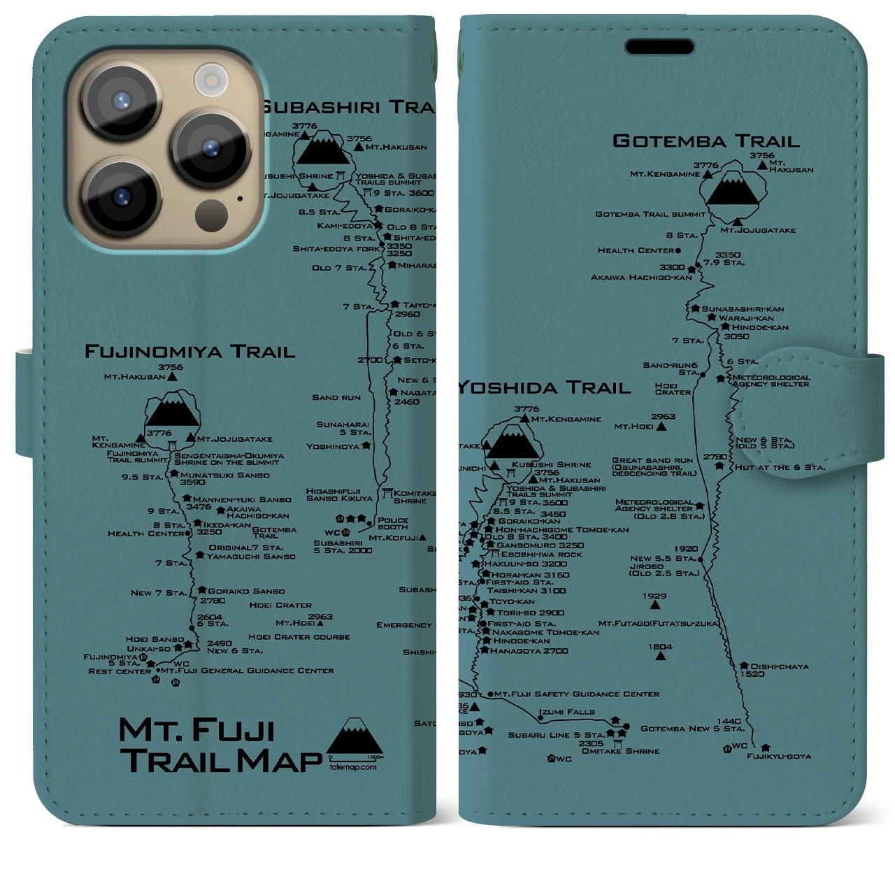 【富士山トレイル】地図柄iPhoneケース（手帳両面タイプ・アイスブルー）iPhone 14 Pro Max 用