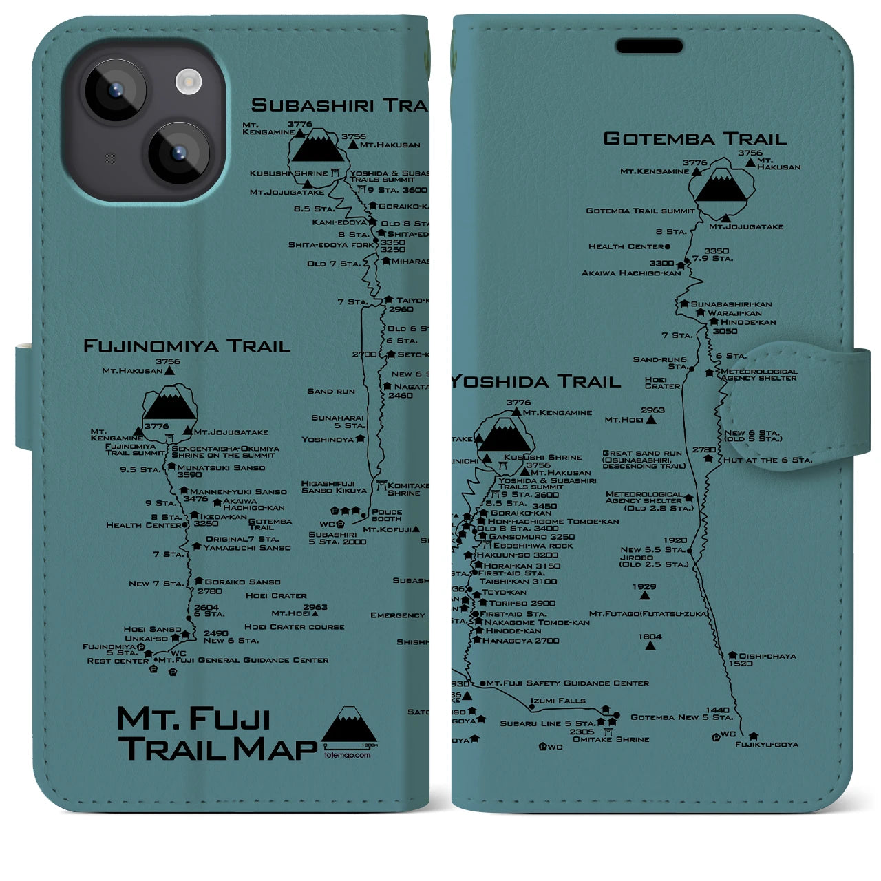 【富士山トレイル】地図柄iPhoneケース（手帳両面タイプ・アイスブルー）iPhone 14 Plus 用
