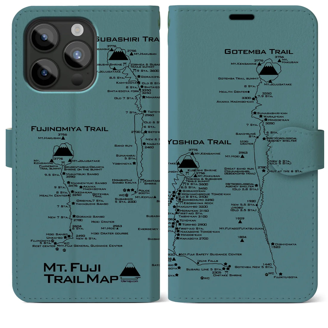 【富士山トレイル】地図柄iPhoneケース（手帳両面タイプ・アイスブルー）iPhone 15 Pro Max 用