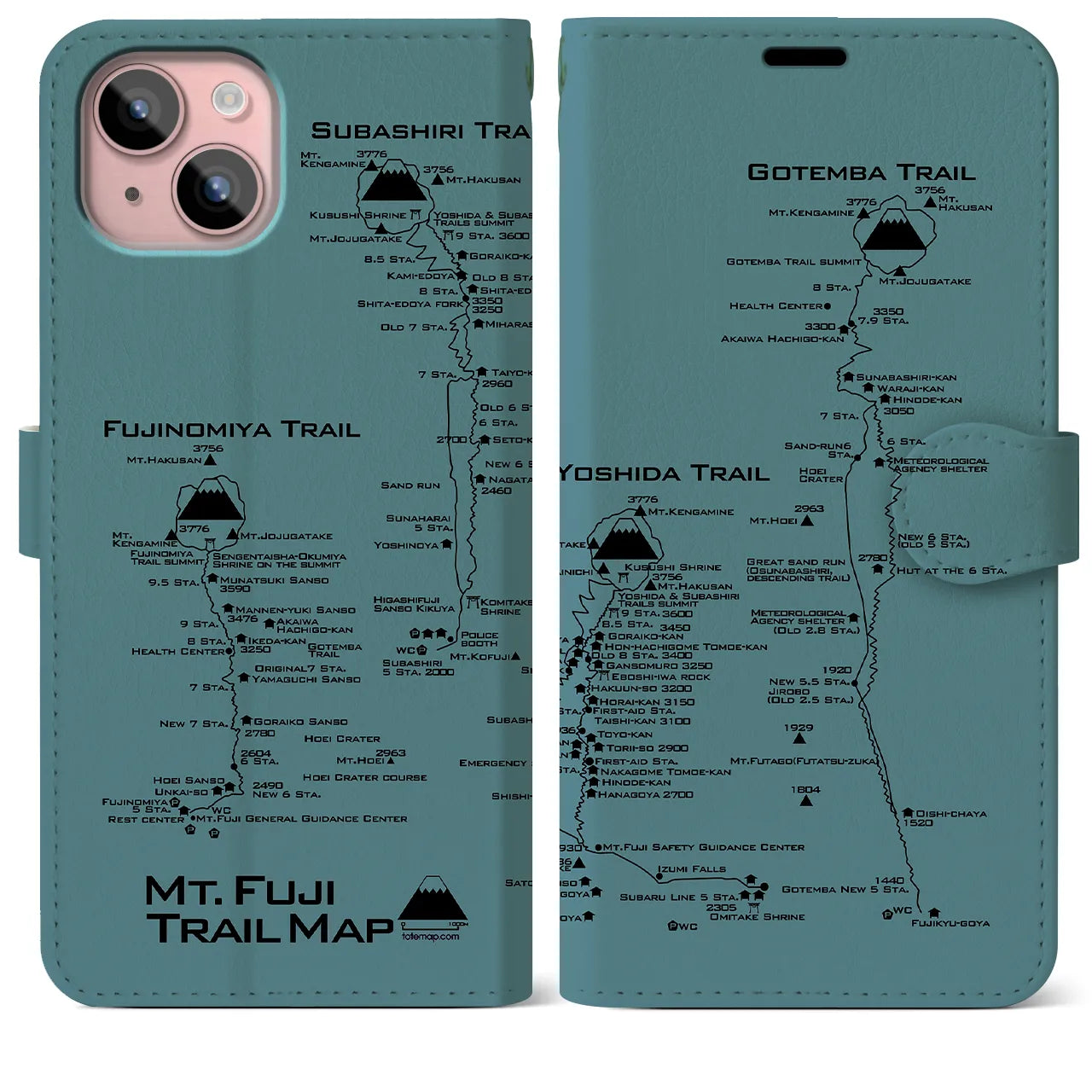 【富士山トレイル】地図柄iPhoneケース（手帳両面タイプ・アイスブルー）iPhone 15 Plus 用