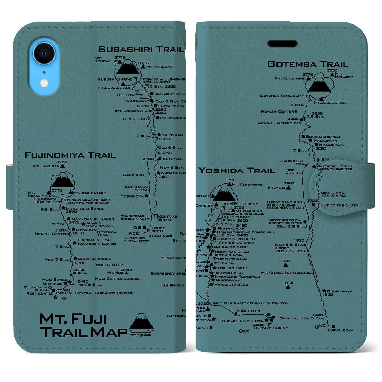 【富士山トレイル】地図柄iPhoneケース（手帳両面タイプ・アイスブルー）iPhone XR 用