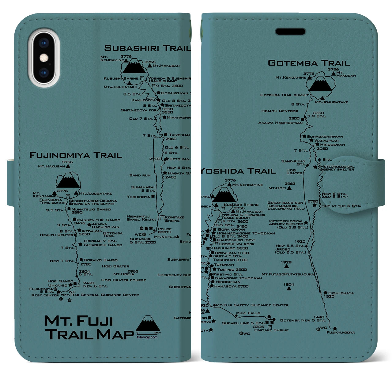【富士山トレイル】地図柄iPhoneケース（手帳両面タイプ・アイスブルー）iPhone XS Max 用