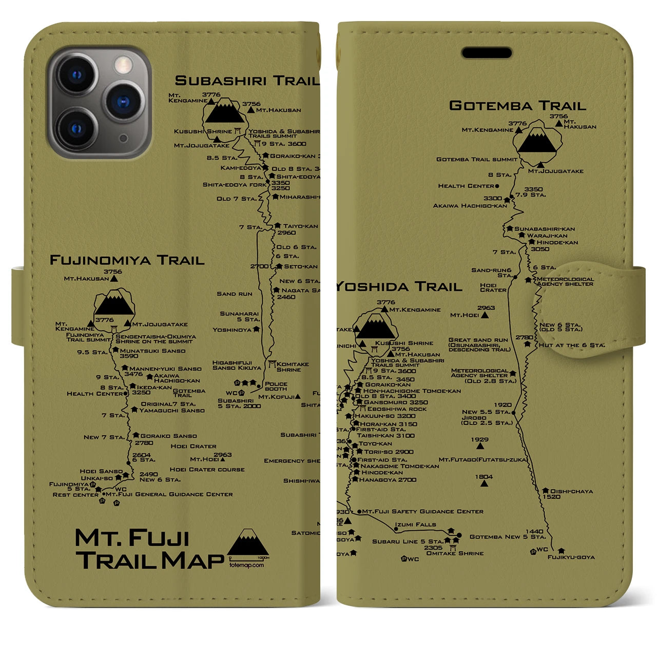 【富士山トレイル】地図柄iPhoneケース（手帳両面タイプ・マスタード）iPhone 11 Pro Max 用