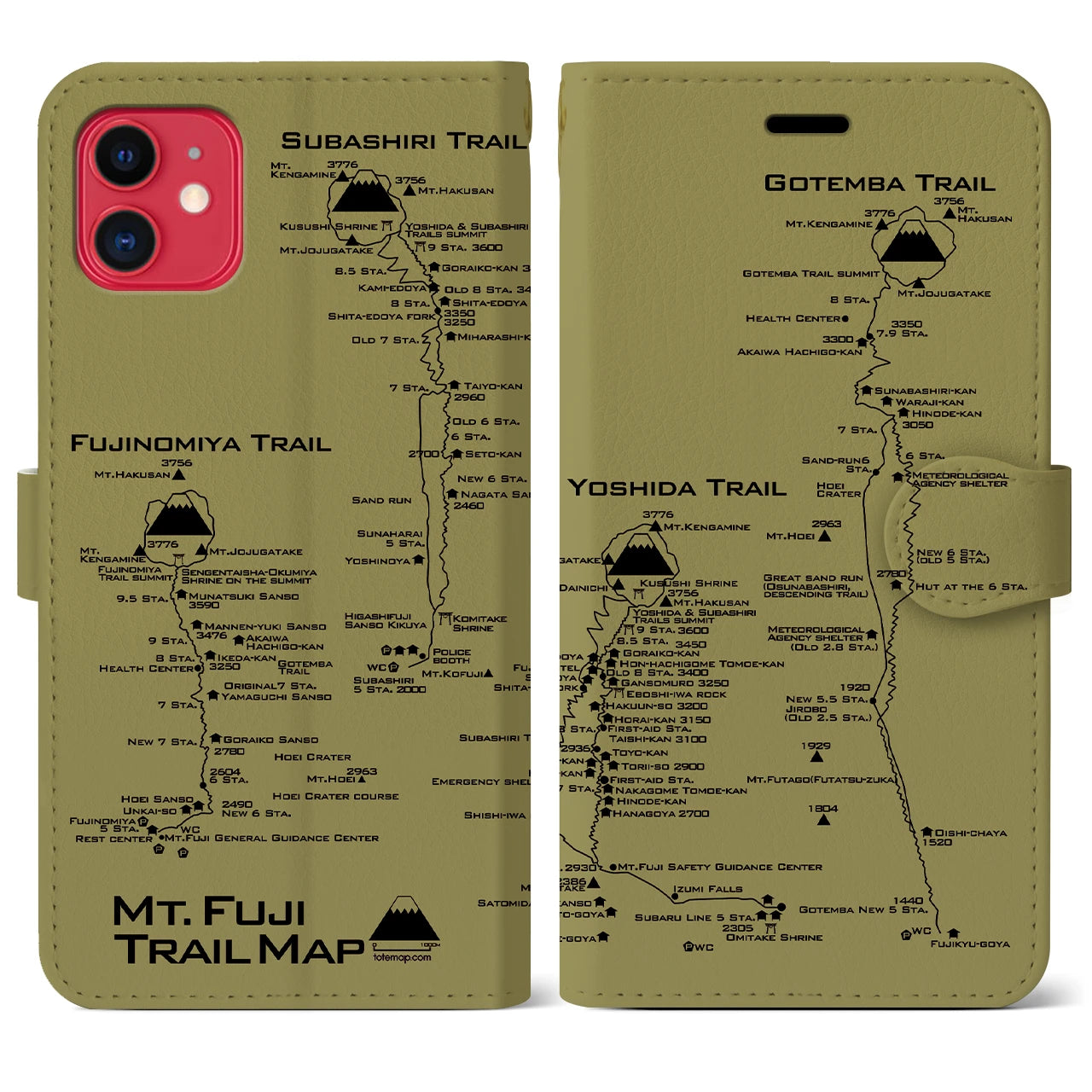 【富士山トレイル】地図柄iPhoneケース（手帳両面タイプ・マスタード）iPhone 11 用