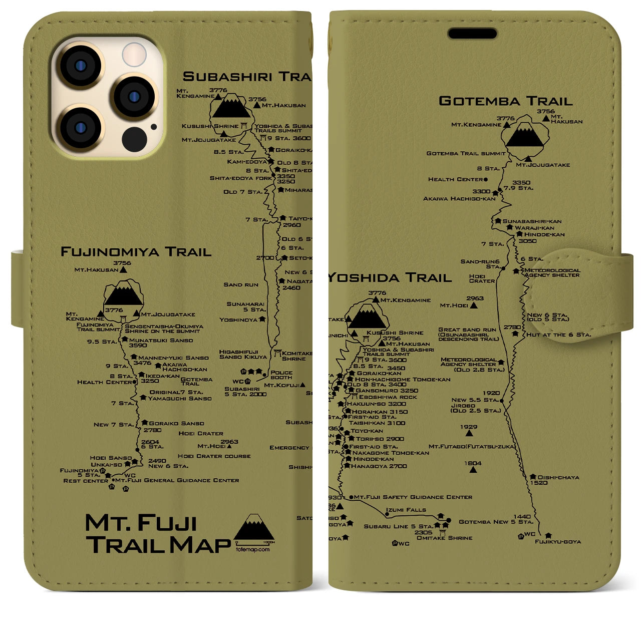 【富士山トレイル】地図柄iPhoneケース（手帳両面タイプ・マスタード）iPhone 12 Pro Max 用