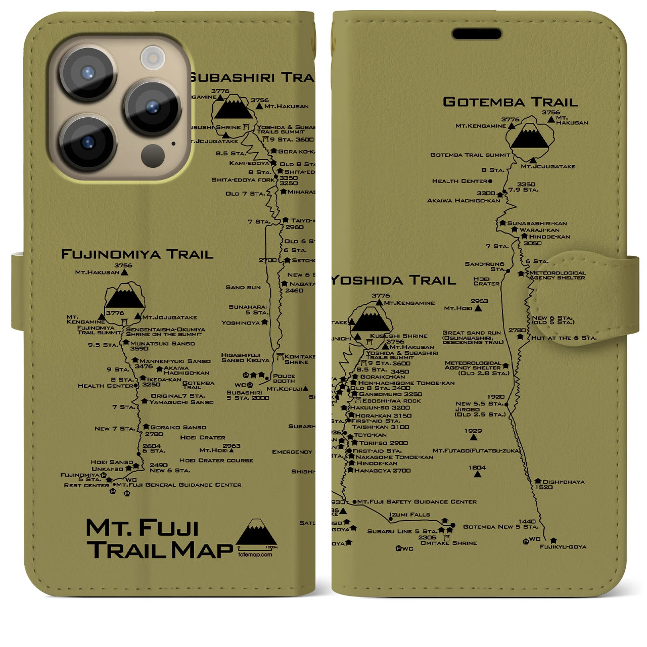【富士山トレイル】地図柄iPhoneケース（手帳両面タイプ・マスタード）iPhone 14 Pro Max 用