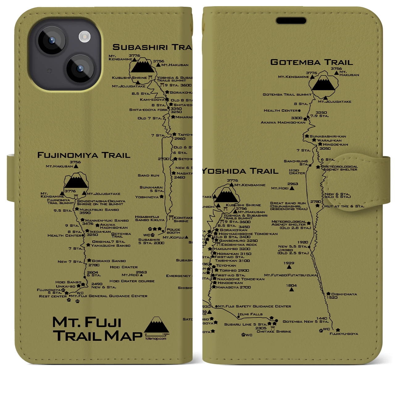 【富士山トレイル】地図柄iPhoneケース（手帳両面タイプ・マスタード）iPhone 14 Plus 用