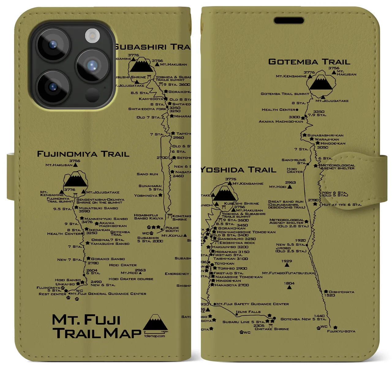 【富士山トレイル】地図柄iPhoneケース（手帳両面タイプ・マスタード）iPhone 15 Pro Max 用