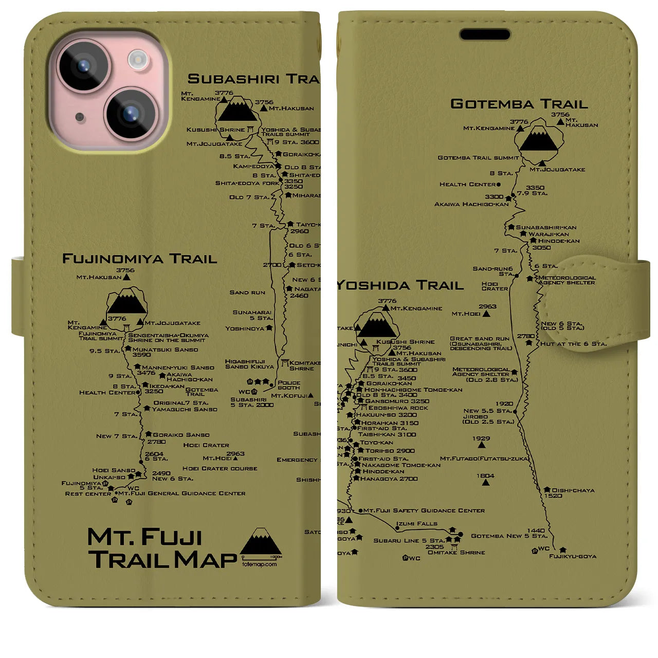 【富士山トレイル】地図柄iPhoneケース（手帳両面タイプ・マスタード）iPhone 15 Plus 用