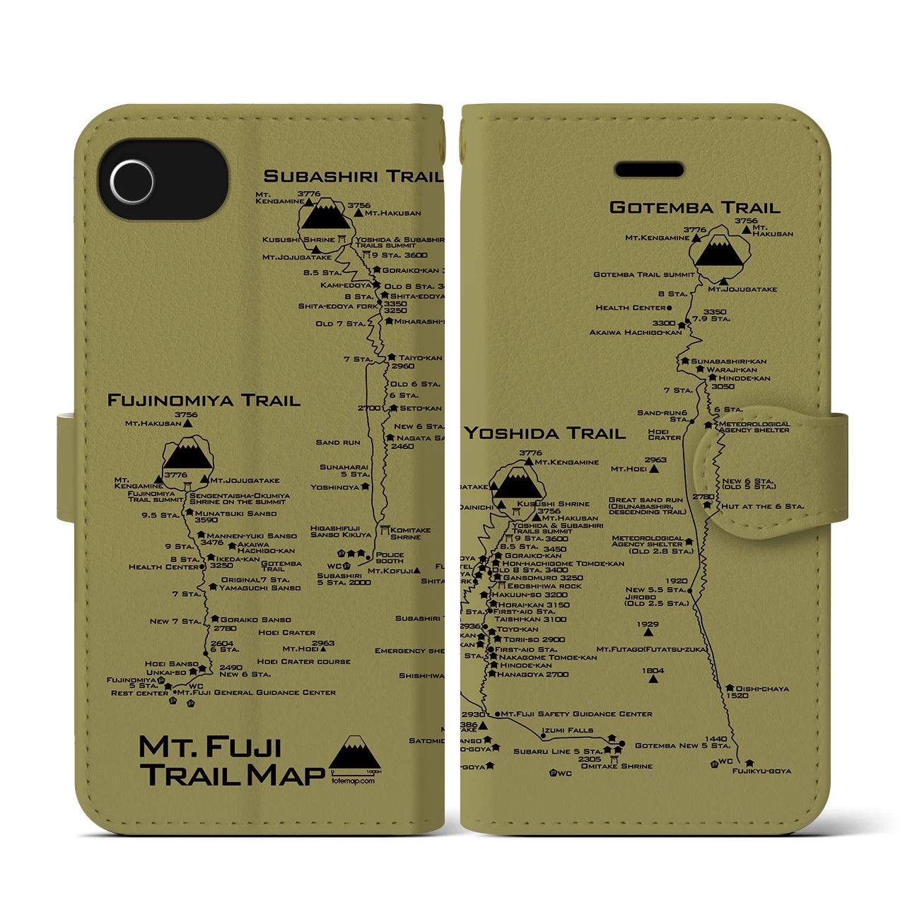 【富士山トレイル】地図柄iPhoneケース（手帳両面タイプ・マスタード）iPhone SE（第3 / 第2世代） / 8 / 7 / 6s / 6 用
