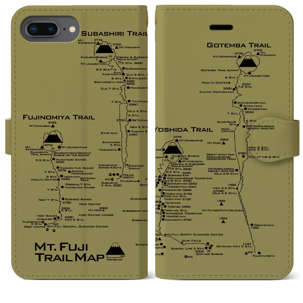 【富士山トレイル】地図柄iPhoneケース（手帳両面タイプ・マスタード）iPhone 8Plus /7Plus / 6sPlus / 6Plus 用