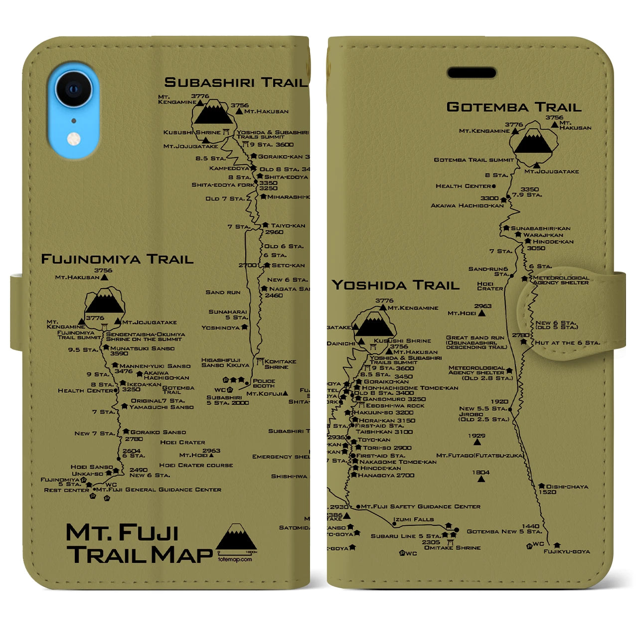 【富士山トレイル】地図柄iPhoneケース（手帳両面タイプ・マスタード）iPhone XR 用