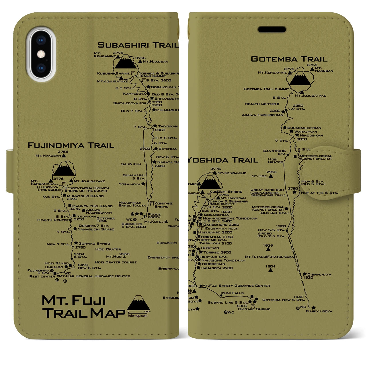 【富士山トレイル】地図柄iPhoneケース（手帳両面タイプ・マスタード）iPhone XS Max 用
