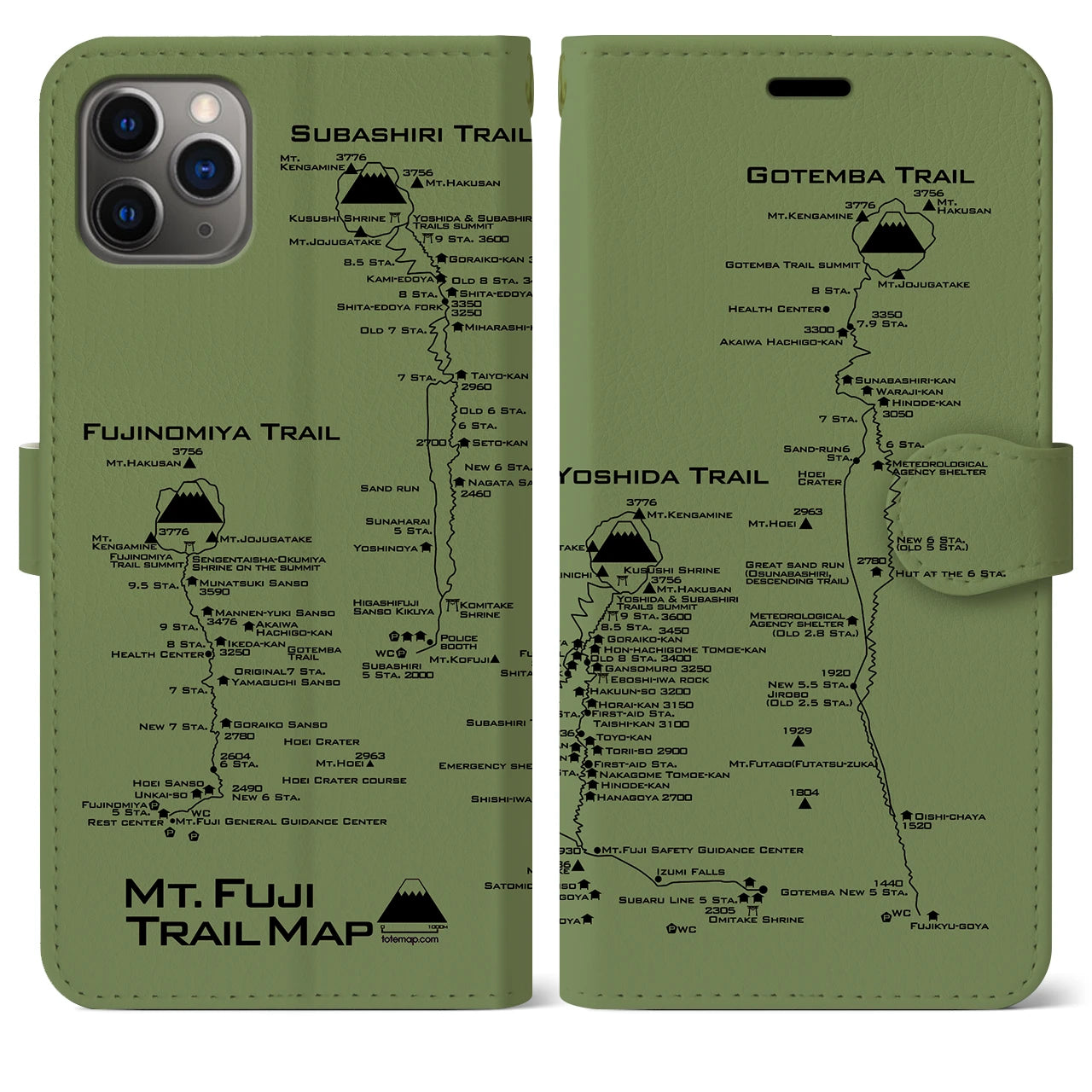 【富士山トレイル】地図柄iPhoneケース（手帳両面タイプ・ピスタチオ）iPhone 11 Pro Max 用