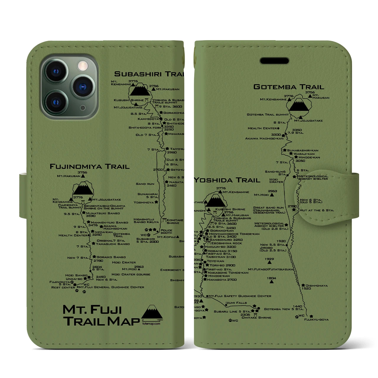 【富士山トレイル】地図柄iPhoneケース（手帳両面タイプ・ピスタチオ）iPhone 11 Pro 用