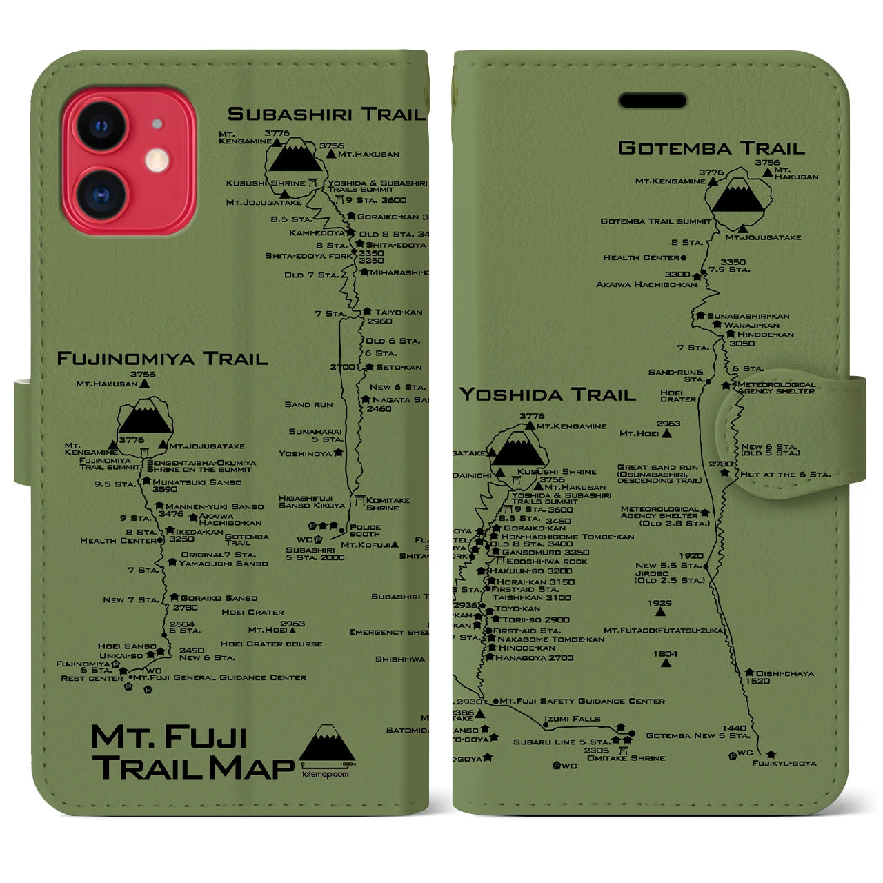 【富士山トレイル】地図柄iPhoneケース（手帳両面タイプ・ピスタチオ）iPhone 11 用