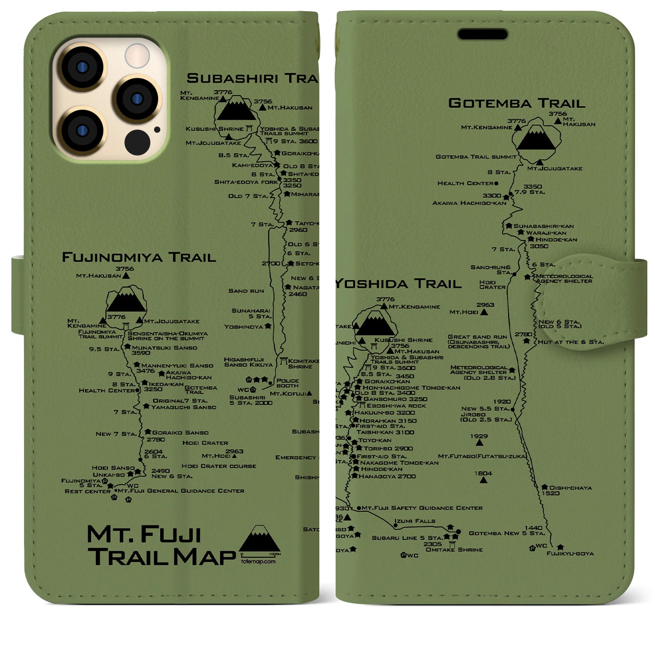 【富士山トレイル】地図柄iPhoneケース（手帳両面タイプ・ピスタチオ）iPhone 12 Pro Max 用