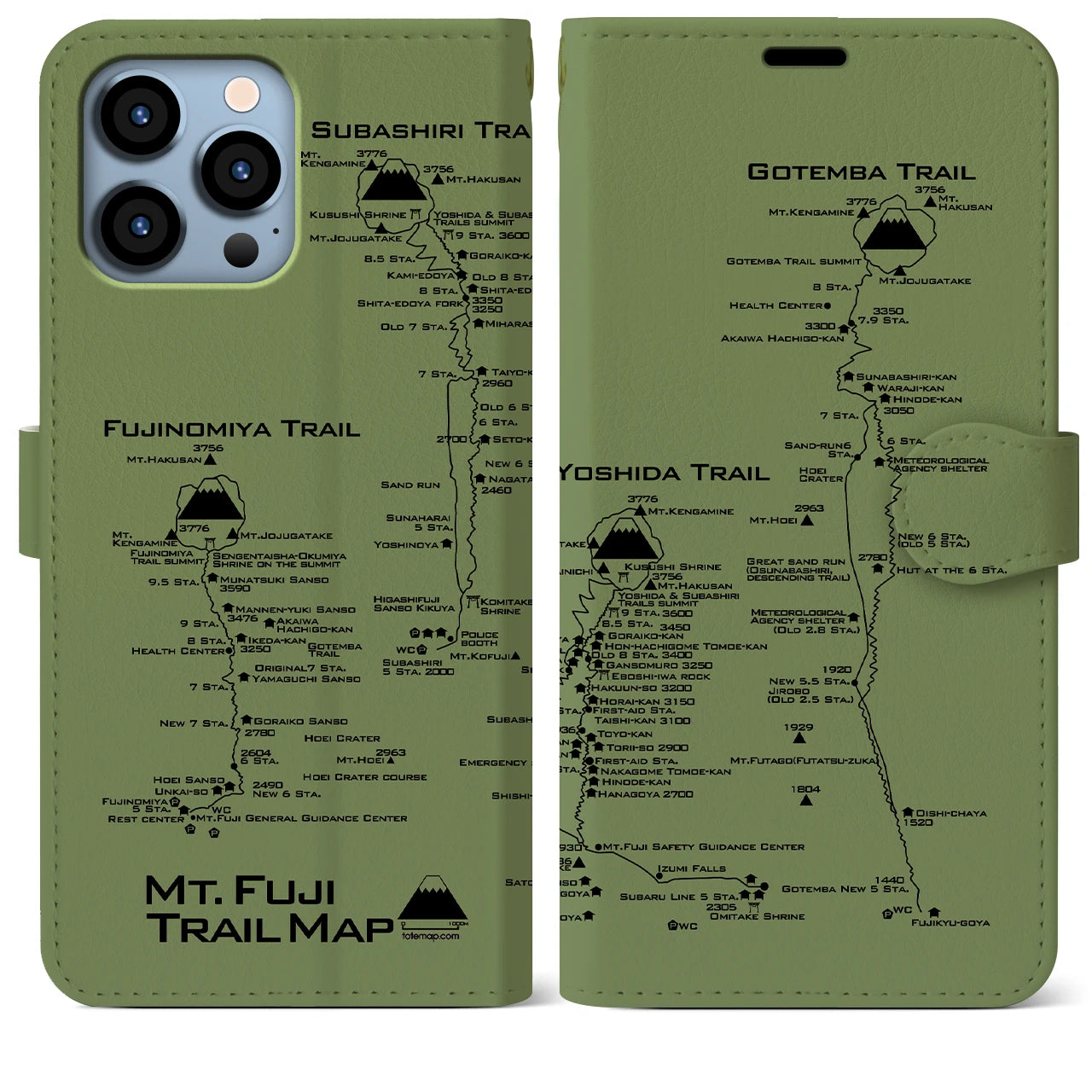 【富士山トレイル】地図柄iPhoneケース（手帳両面タイプ・ピスタチオ）iPhone 13 Pro Max 用