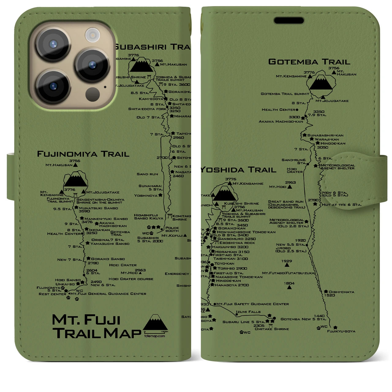 【富士山トレイル】地図柄iPhoneケース（手帳両面タイプ・ピスタチオ）iPhone 14 Pro Max 用
