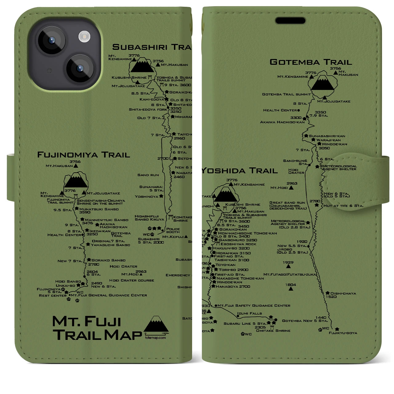 【富士山トレイル】地図柄iPhoneケース（手帳両面タイプ・ピスタチオ）iPhone 14 Plus 用