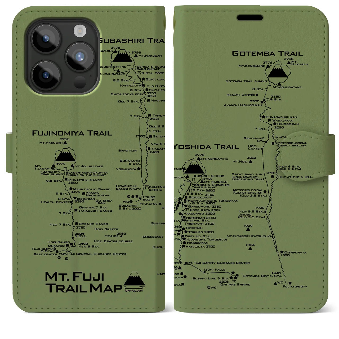【富士山トレイル】地図柄iPhoneケース（手帳両面タイプ・ピスタチオ）iPhone 15 Pro Max 用