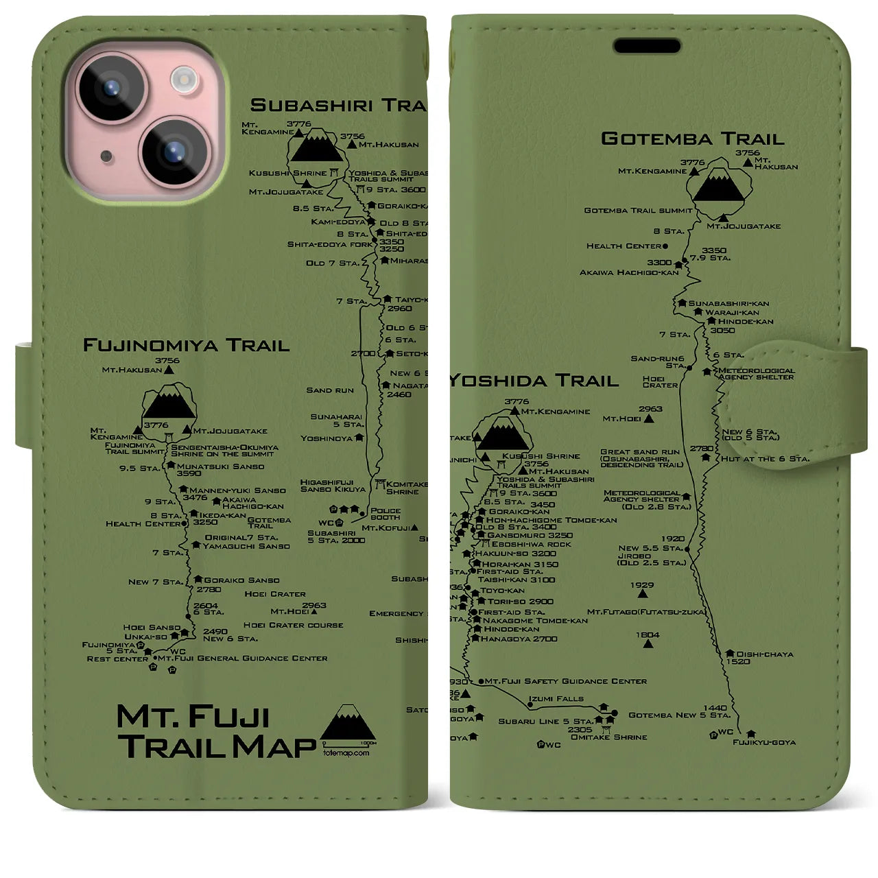 【富士山トレイル】地図柄iPhoneケース（手帳両面タイプ・ピスタチオ）iPhone 15 Plus 用