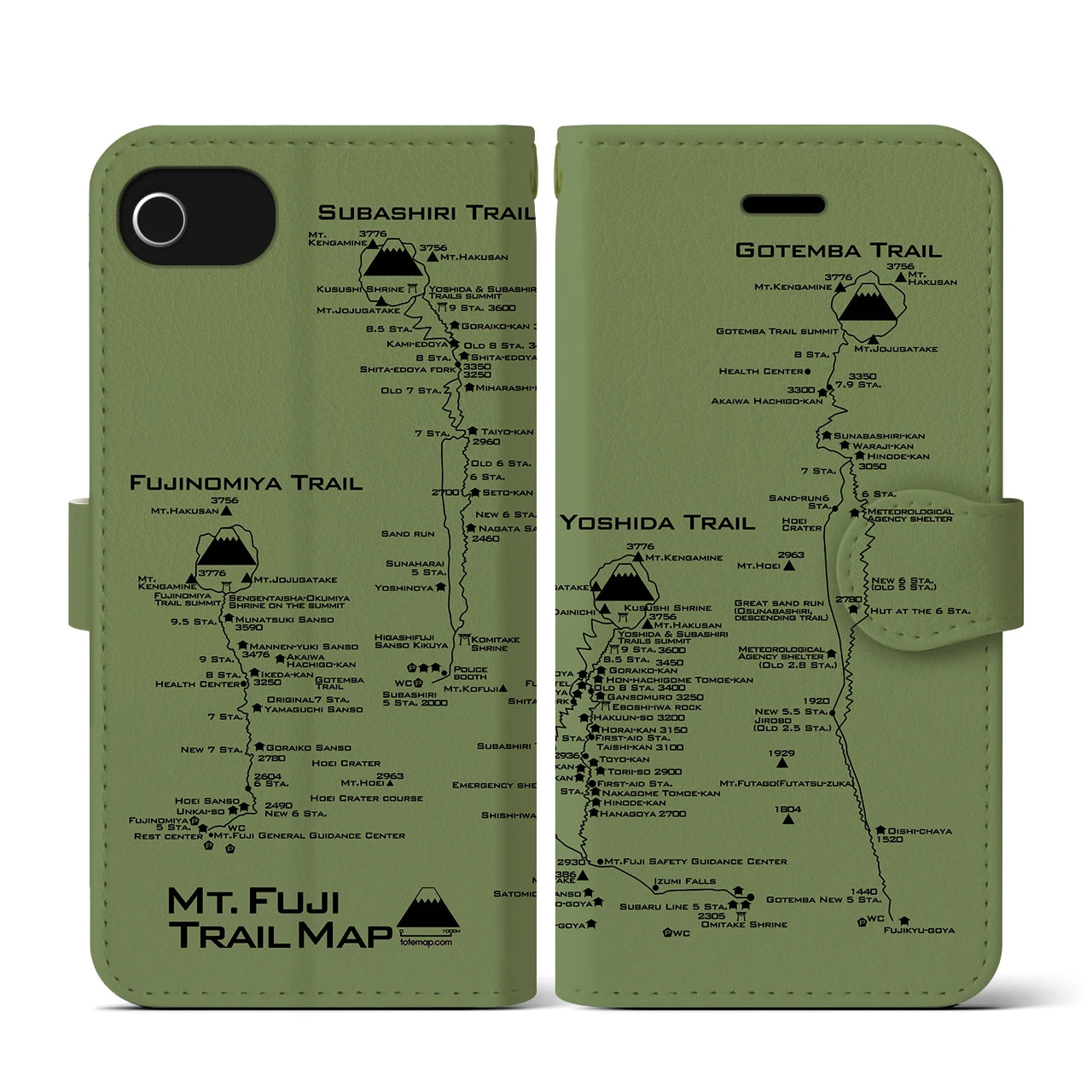 【富士山トレイル】地図柄iPhoneケース（手帳両面タイプ・ピスタチオ）iPhone SE（第3 / 第2世代） / 8 / 7 / 6s / 6 用