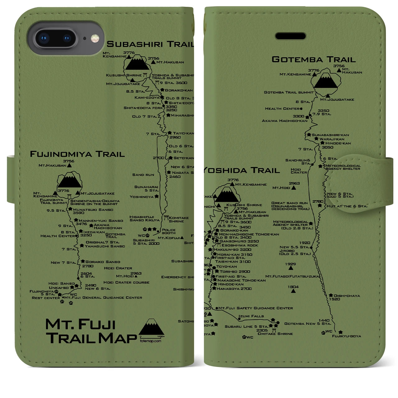 【富士山トレイル】地図柄iPhoneケース（手帳両面タイプ・ピスタチオ）iPhone 8Plus /7Plus / 6sPlus / 6Plus 用