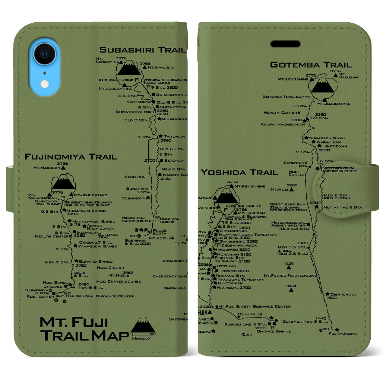 【富士山トレイル】地図柄iPhoneケース（手帳両面タイプ・ピスタチオ）iPhone XR 用