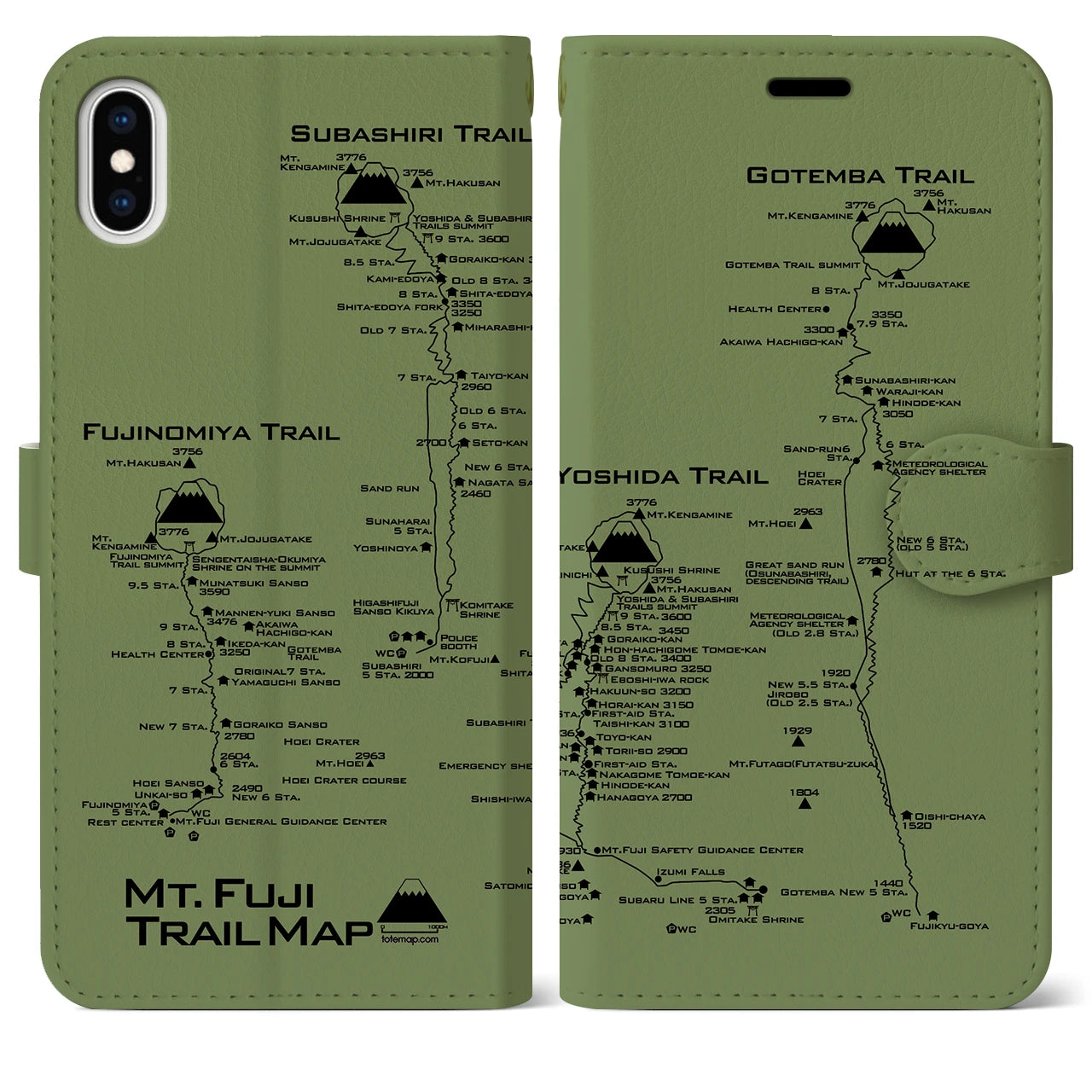 【富士山トレイル】地図柄iPhoneケース（手帳両面タイプ・ピスタチオ）iPhone XS Max 用