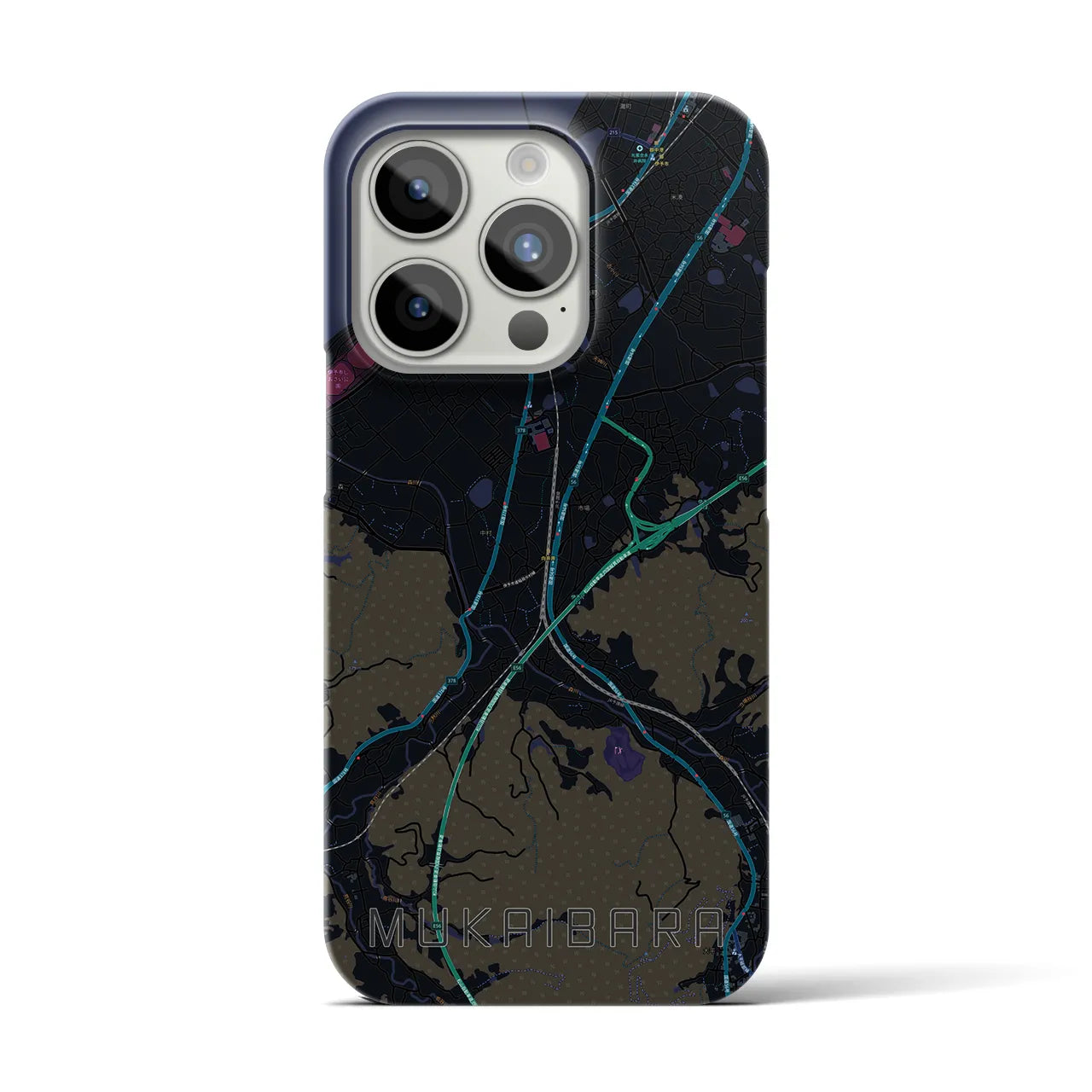 【向井原】地図柄iPhoneケース（バックカバータイプ・ブラック）iPhone 15 Pro 用