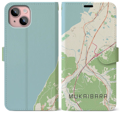 【向井原（愛媛県）】地図柄iPhoneケース（手帳タイプ）ナチュラル・iPhone 15 Plus 用