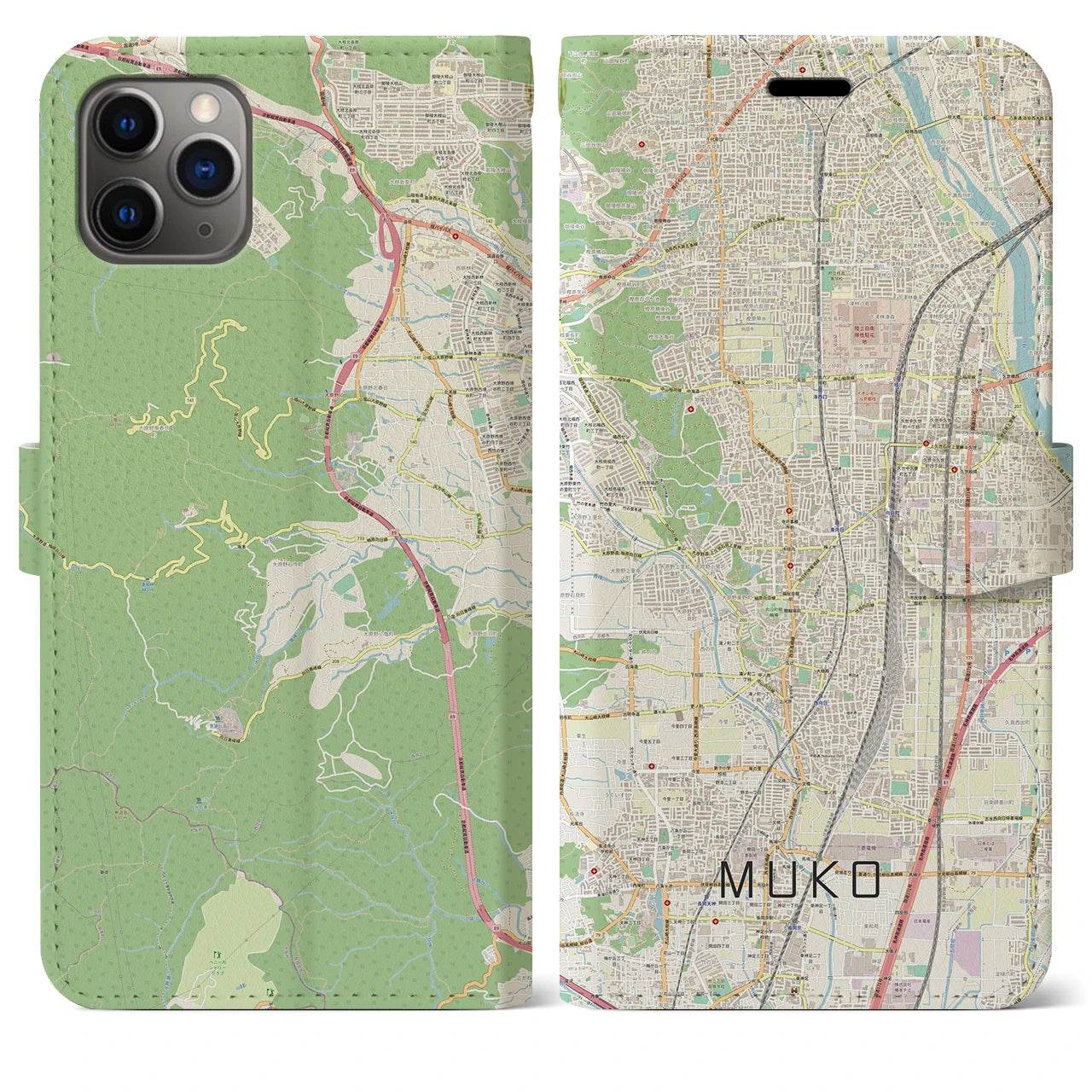 【向日】地図柄iPhoneケース（手帳両面タイプ・ナチュラル）iPhone 11 Pro Max 用