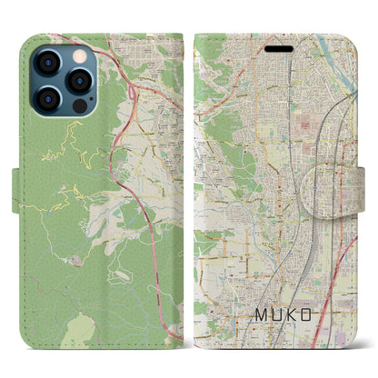 【向日（京都府）】地図柄iPhoneケース（手帳タイプ）ナチュラル・iPhone 12 / 12 Pro 用