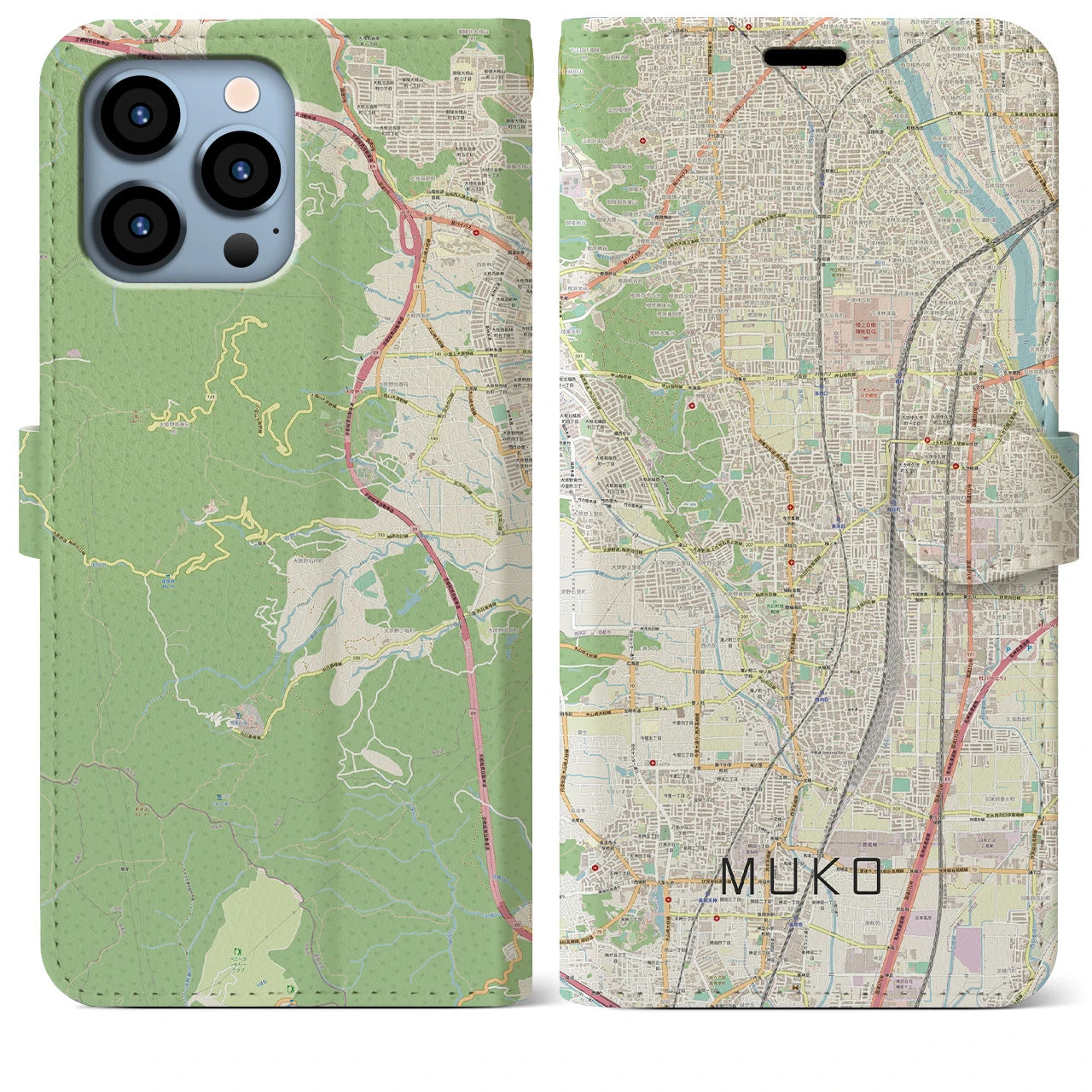 【向日】地図柄iPhoneケース（手帳両面タイプ・ナチュラル）iPhone 13 Pro Max 用