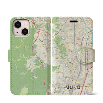 【向日（京都府）】地図柄iPhoneケース（手帳タイプ）ナチュラル・iPhone 13 mini 用