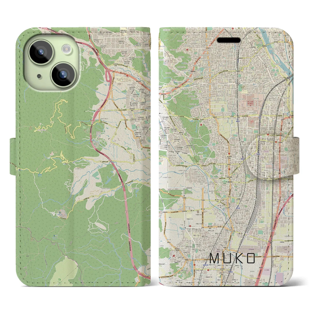【向日】地図柄iPhoneケース（手帳両面タイプ・ナチュラル）iPhone 15 用