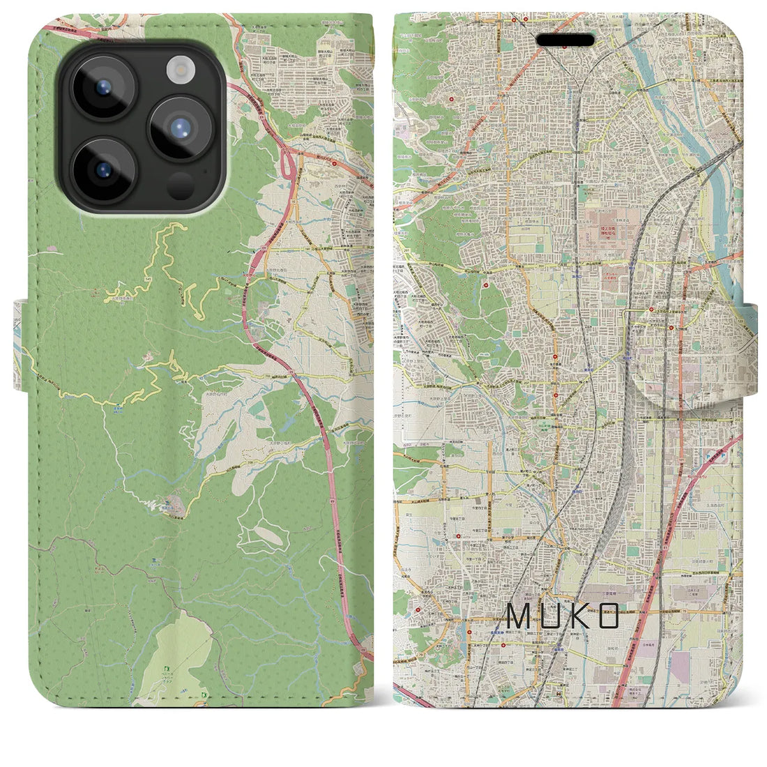 【向日】地図柄iPhoneケース（手帳両面タイプ・ナチュラル）iPhone 15 Pro Max 用