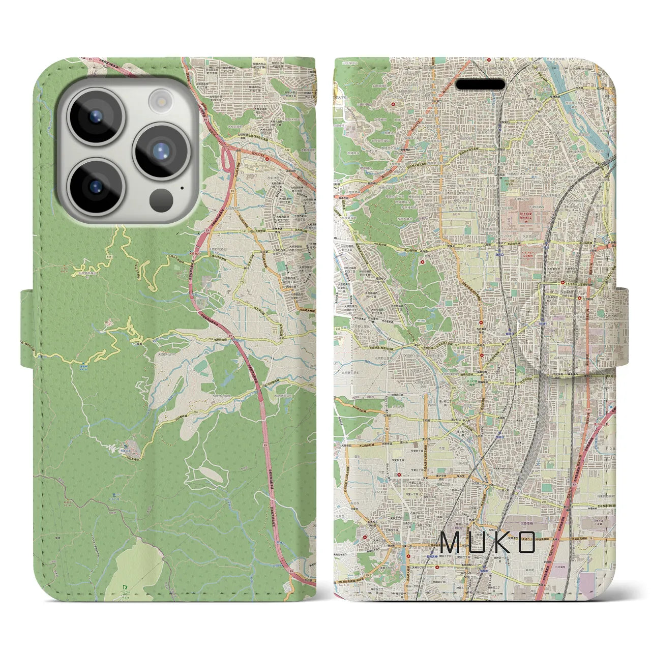 【向日】地図柄iPhoneケース（手帳両面タイプ・ナチュラル）iPhone 15 Pro 用