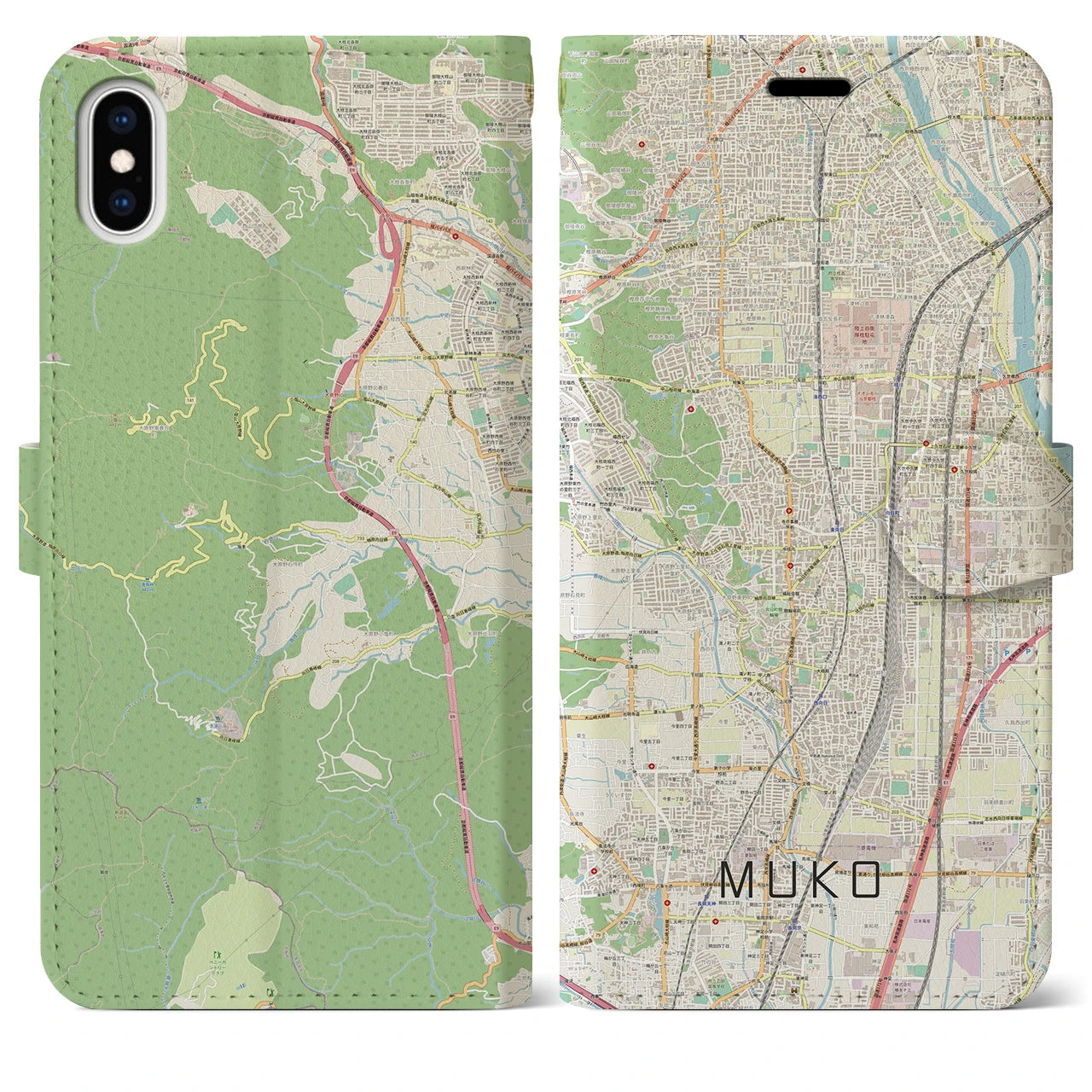 【向日】地図柄iPhoneケース（手帳両面タイプ・ナチュラル）iPhone XS Max 用