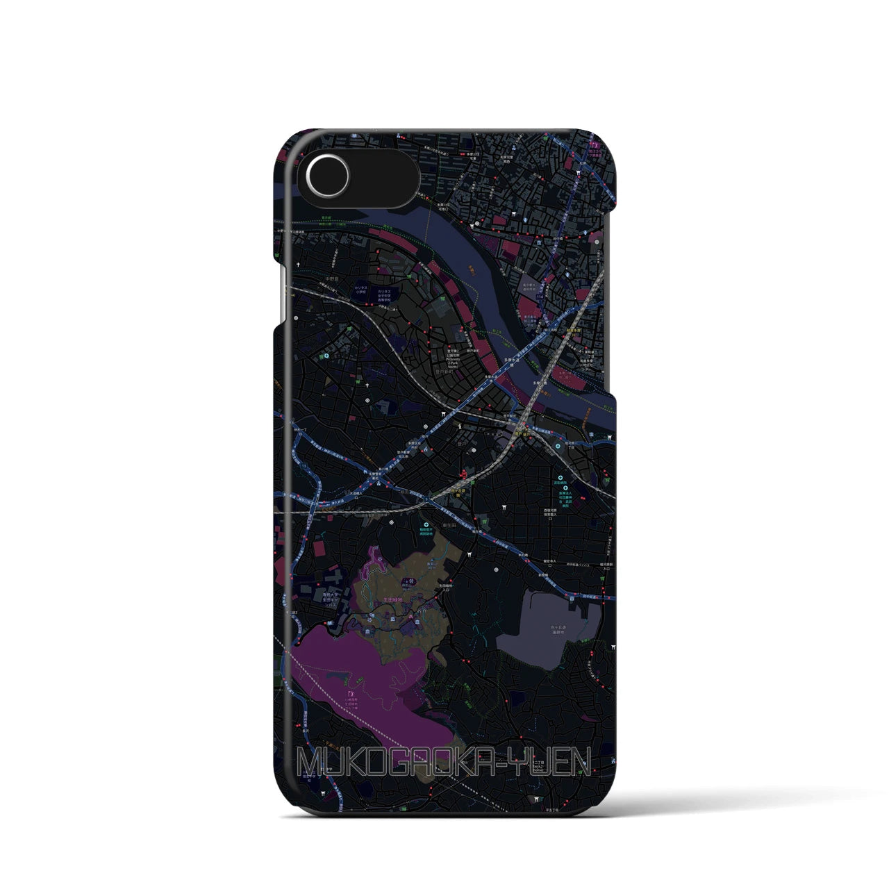 【向ヶ丘遊園】地図柄iPhoneケース（バックカバータイプ・ブラック）iPhone SE（第3 / 第2世代） / 8 / 7 / 6s / 6 用