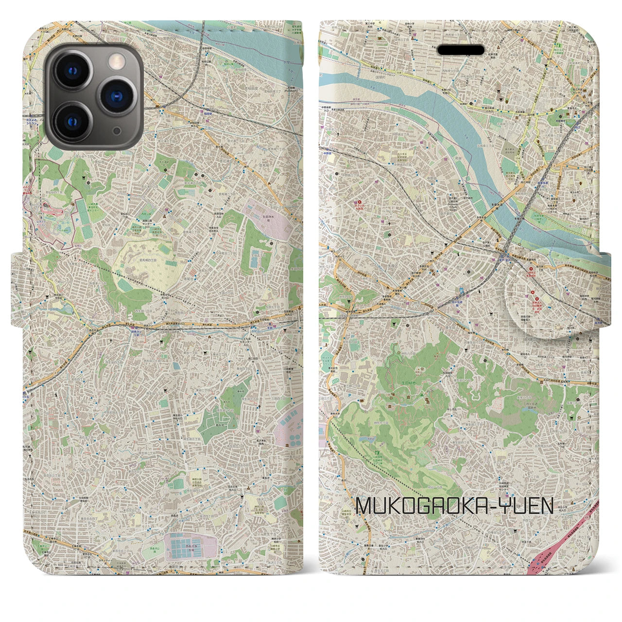 【向ヶ丘遊園】地図柄iPhoneケース（手帳両面タイプ・ナチュラル）iPhone 11 Pro Max 用