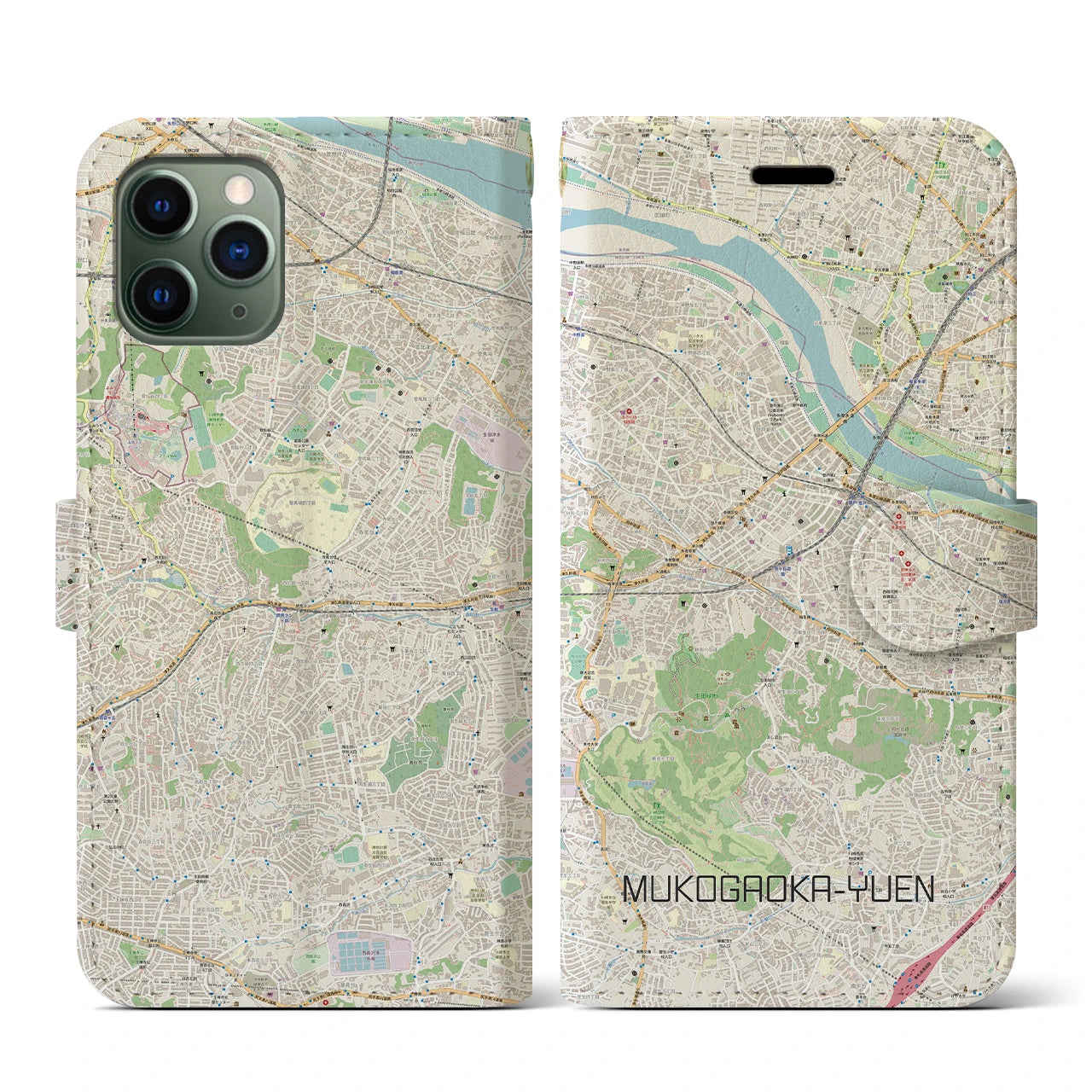 【向ヶ丘遊園】地図柄iPhoneケース（手帳両面タイプ・ナチュラル）iPhone 11 Pro 用