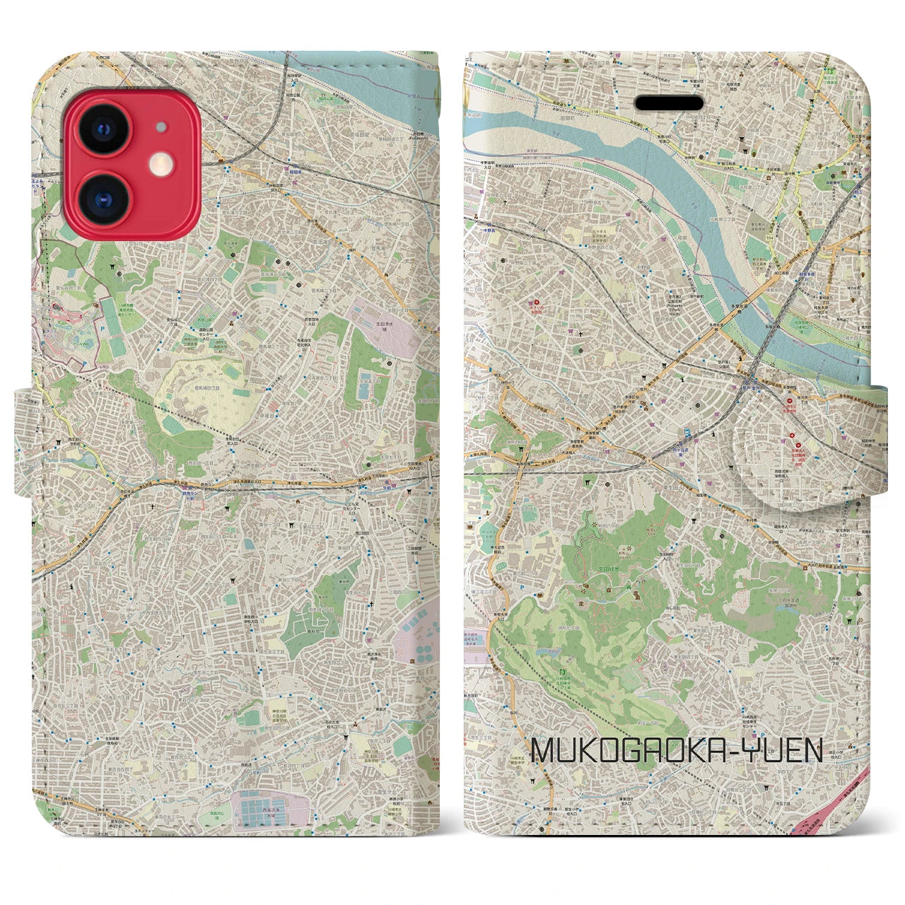 【向ヶ丘遊園】地図柄iPhoneケース（手帳両面タイプ・ナチュラル）iPhone 11 用