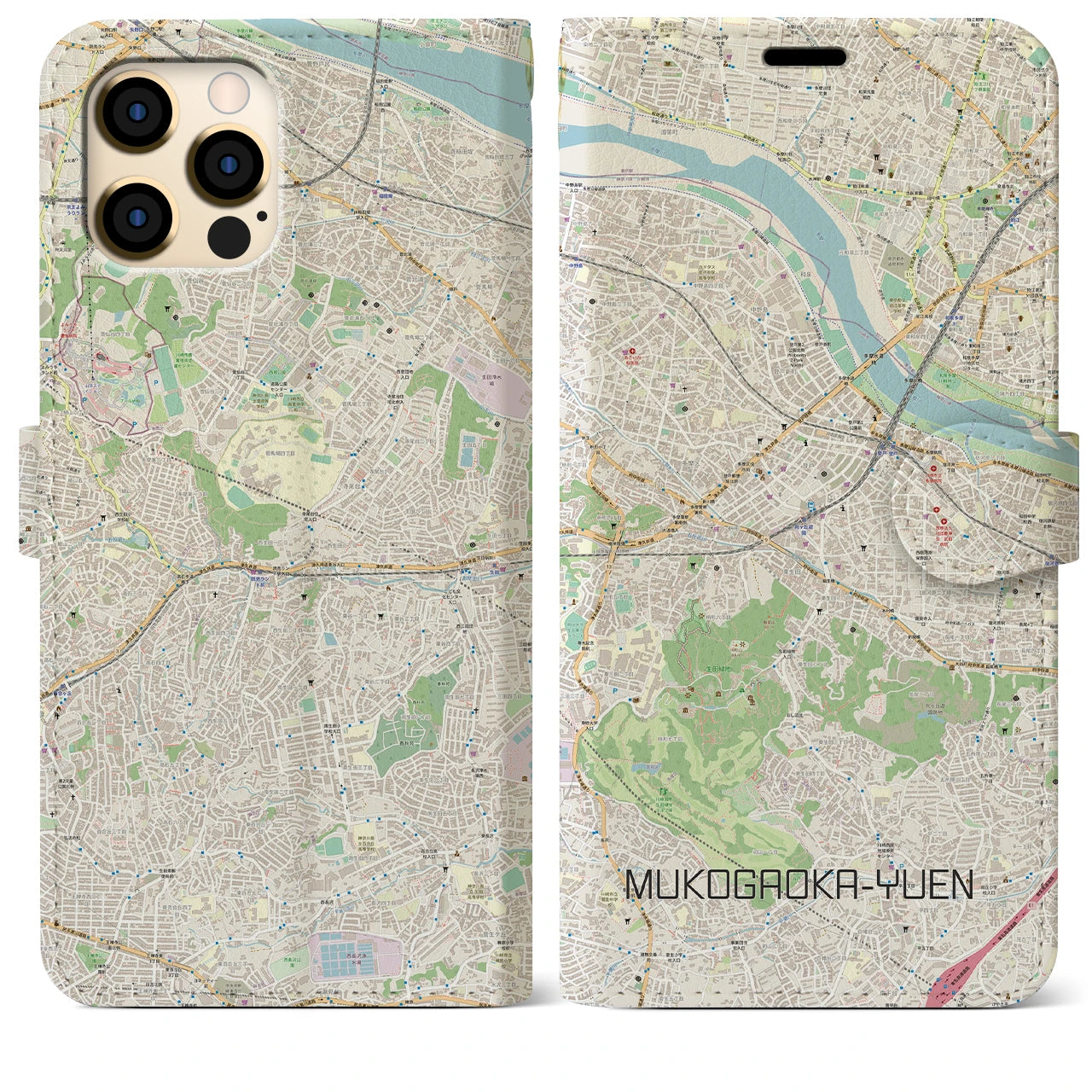 【向ヶ丘遊園】地図柄iPhoneケース（手帳両面タイプ・ナチュラル）iPhone 12 Pro Max 用