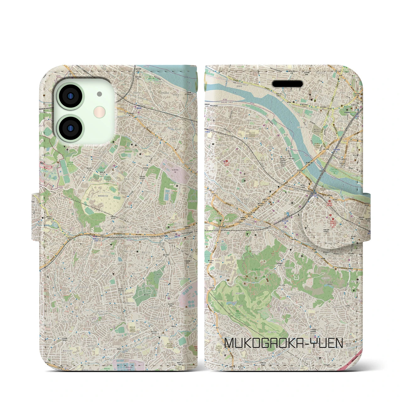 【向ヶ丘遊園】地図柄iPhoneケース（手帳両面タイプ・ナチュラル）iPhone 12 mini 用