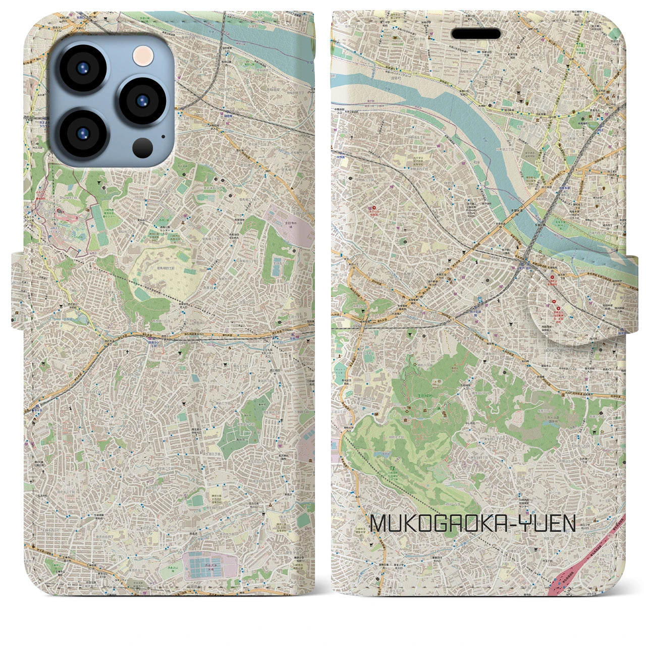【向ヶ丘遊園】地図柄iPhoneケース（手帳両面タイプ・ナチュラル）iPhone 13 Pro Max 用